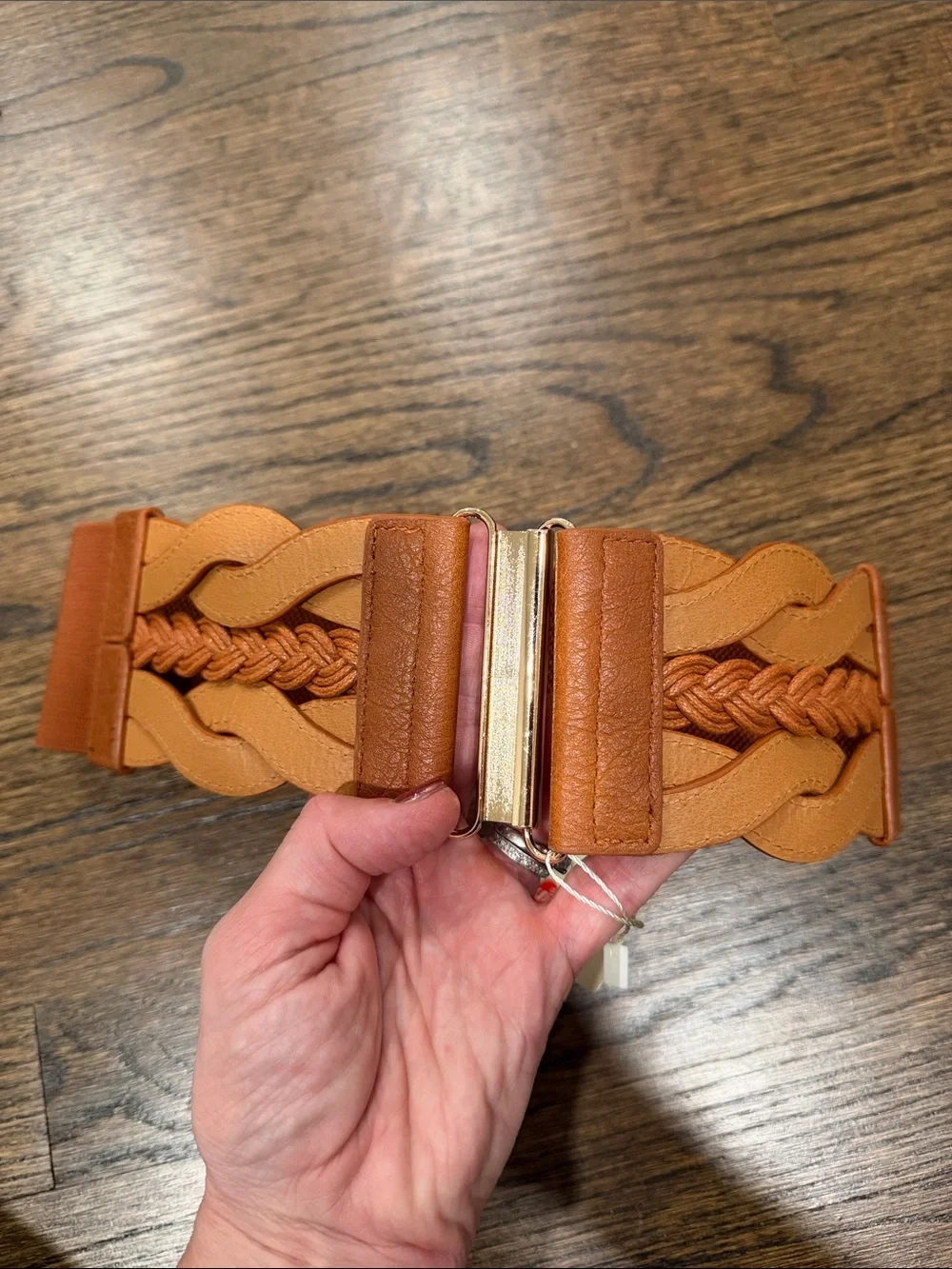 Grace Karin Braided Tan Elastic Waist Belt with Metal Clasp